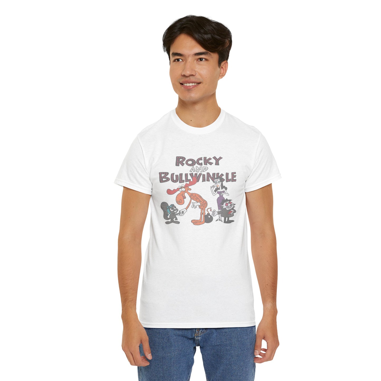 Rocky and Bullwinkle Unisex Heavy Cotton Tee, Retro Tee, Cartoon T-Shirt, Gift for Fans, Casual Wear, Unique Graphic Shirt