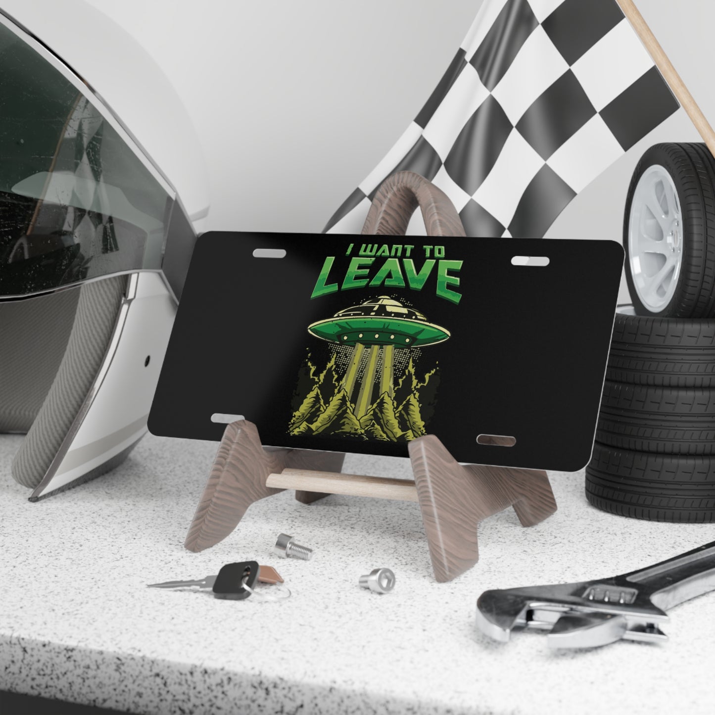 UFO-Themed Vanity Plate - "I Want to Leave" Decoration, Car Accessory, Unique Gift, Alien Lover Décor, Personalized Car Sign