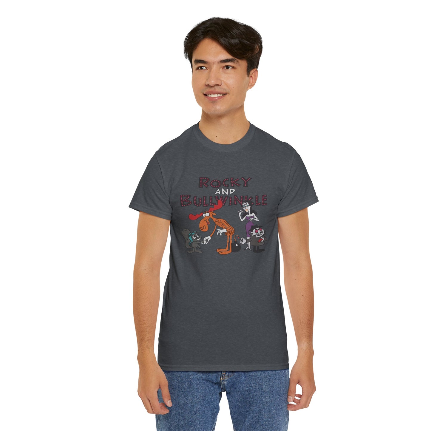 Rocky and Bullwinkle Unisex Heavy Cotton Tee, Retro Tee, Cartoon T-Shirt, Gift for Fans, Casual Wear, Unique Graphic Shirt