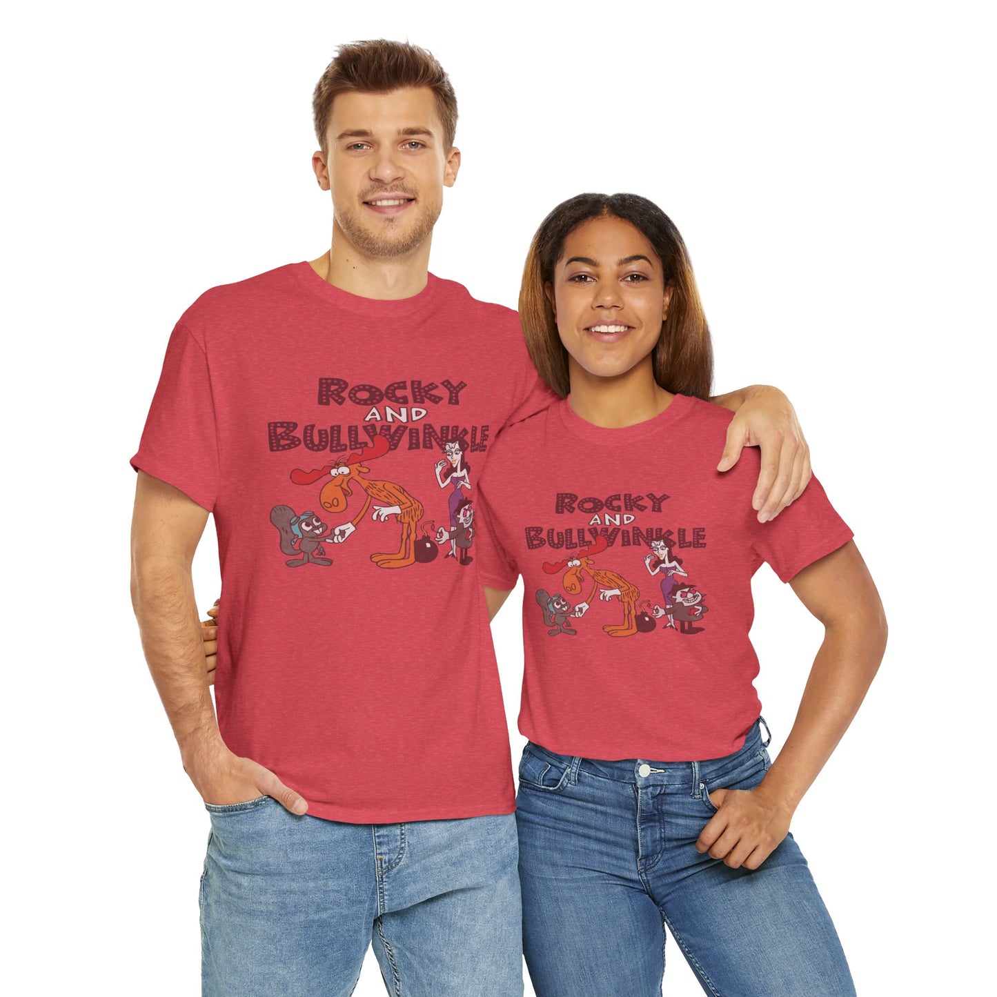 Rocky and Bullwinkle Unisex Heavy Cotton Tee, Retro Tee, Cartoon T-Shirt, Gift for Fans, Casual Wear, Unique Graphic Shirt