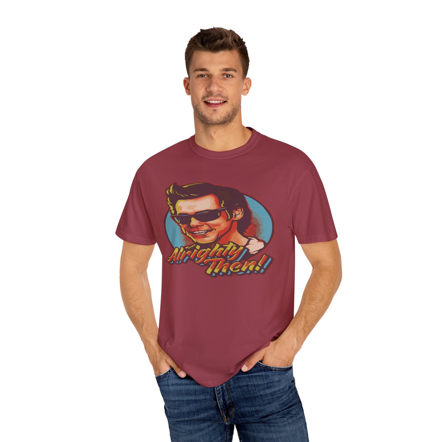Retro Graphic T-Shirt, Unisex Garment-Dyed Tee, Vintage Style Shirt, Alright Men! Humor Top, Casual Apparel for All Occasions