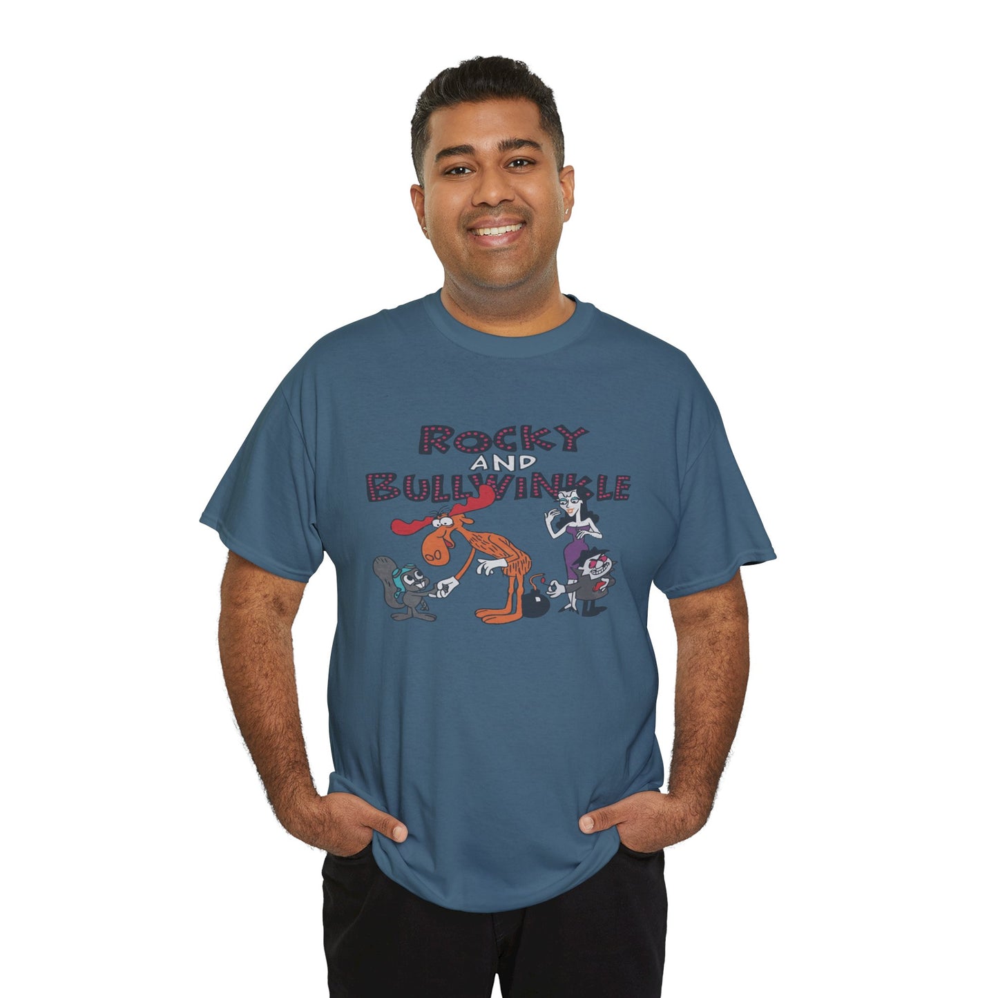 Rocky and Bullwinkle Unisex Heavy Cotton Tee, Retro Tee, Cartoon T-Shirt, Gift for Fans, Casual Wear, Unique Graphic Shirt