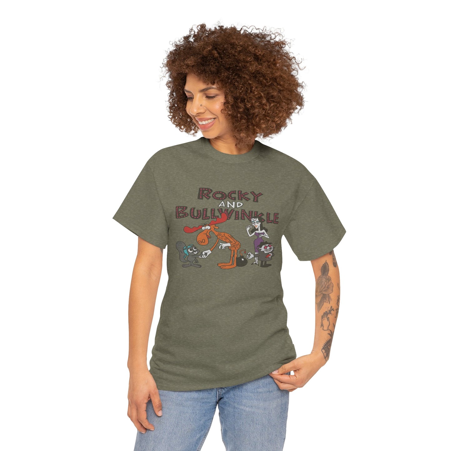 Rocky and Bullwinkle Unisex Heavy Cotton Tee, Retro Tee, Cartoon T-Shirt, Gift for Fans, Casual Wear, Unique Graphic Shirt
