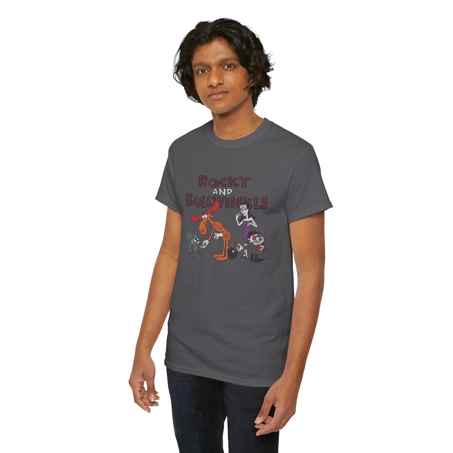 Rocky and Bullwinkle Unisex Heavy Cotton Tee, Retro Tee, Cartoon T-Shirt, Gift for Fans, Casual Wear, Unique Graphic Shirt