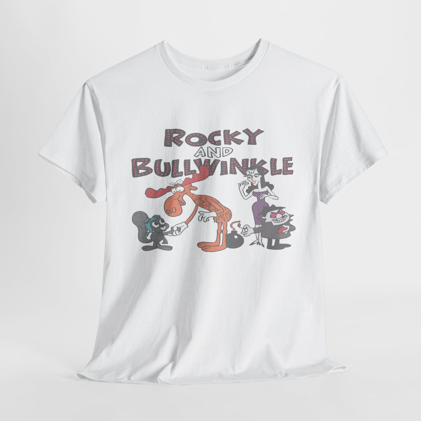 Rocky and Bullwinkle Unisex Heavy Cotton Tee, Retro Tee, Cartoon T-Shirt, Gift for Fans, Casual Wear, Unique Graphic Shirt