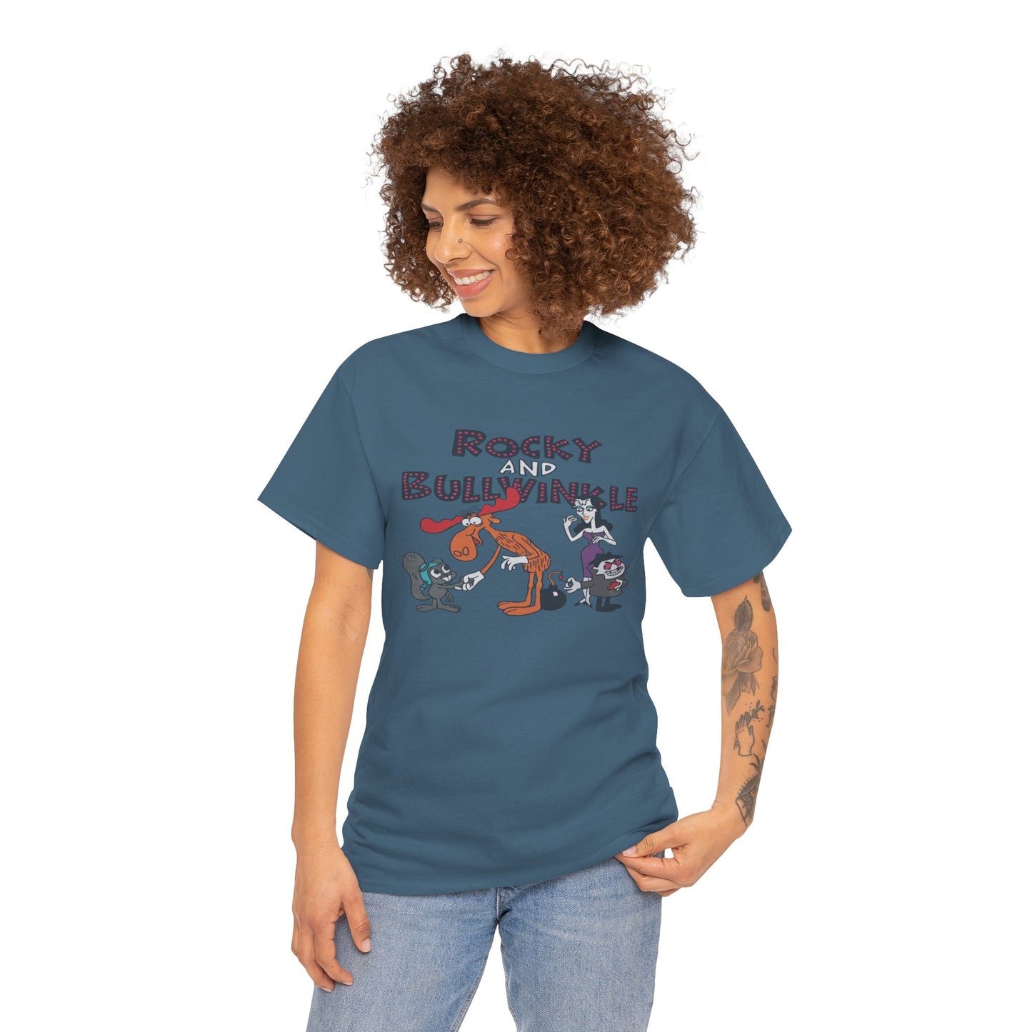 Rocky and Bullwinkle Unisex Heavy Cotton Tee, Retro Tee, Cartoon T-Shirt, Gift for Fans, Casual Wear, Unique Graphic Shirt