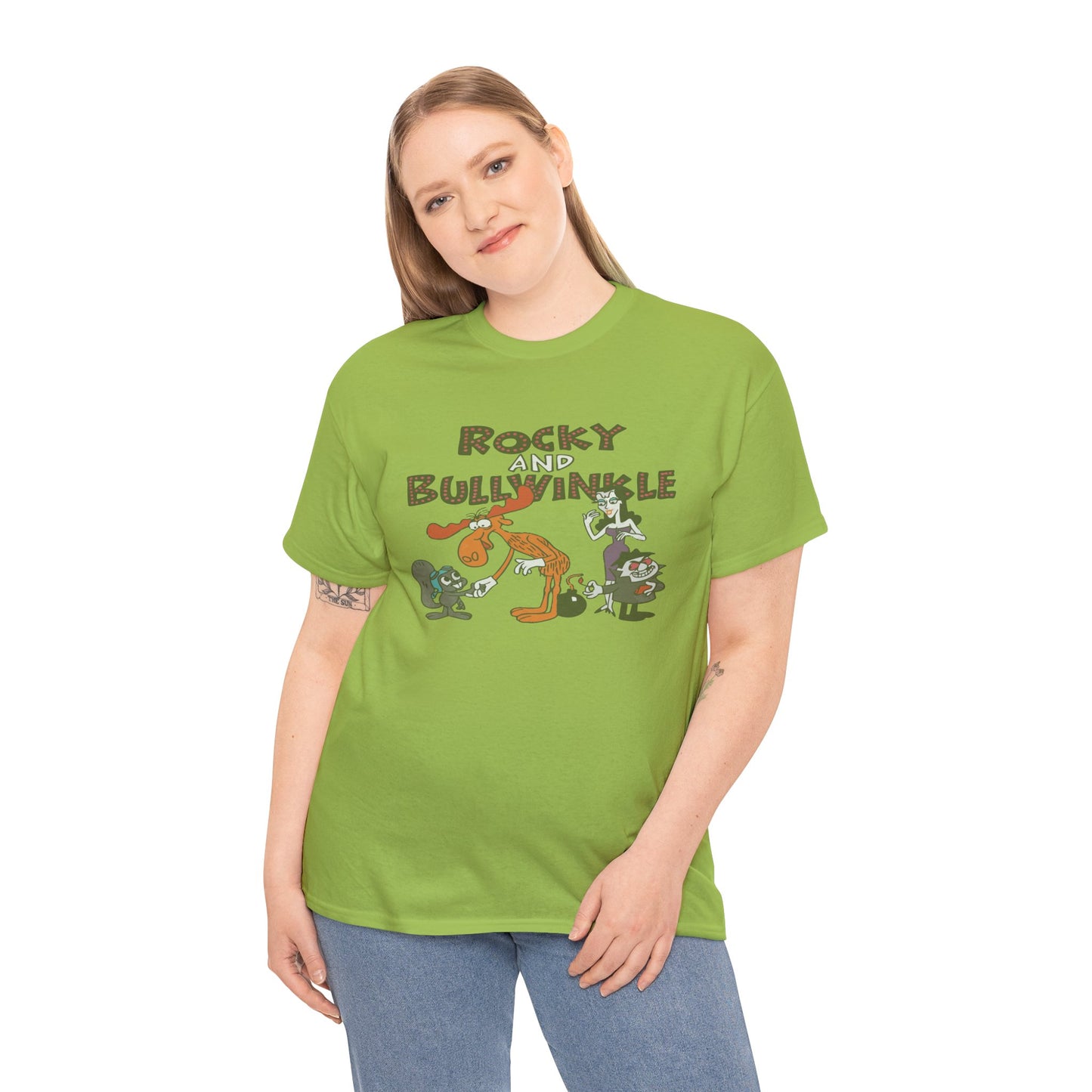 Rocky and Bullwinkle Unisex Heavy Cotton Tee, Retro Tee, Cartoon T-Shirt, Gift for Fans, Casual Wear, Unique Graphic Shirt
