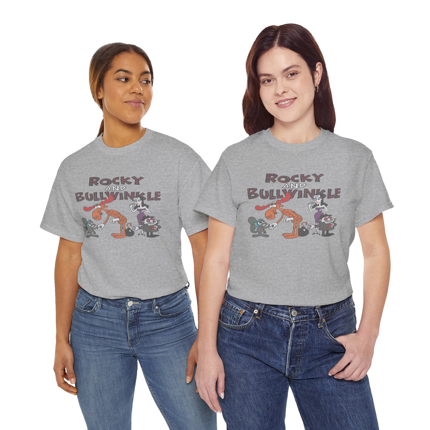 Rocky and Bullwinkle Unisex Heavy Cotton Tee, Retro Tee, Cartoon T-Shirt, Gift for Fans, Casual Wear, Unique Graphic Shirt