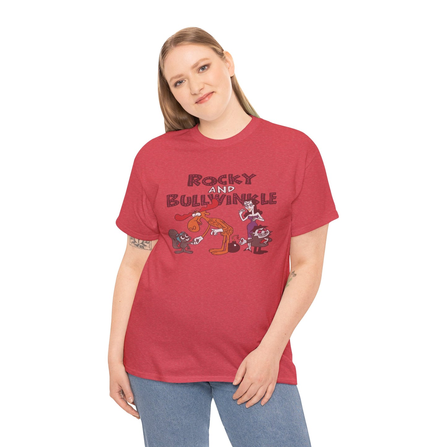 Rocky and Bullwinkle Unisex Heavy Cotton Tee, Retro Tee, Cartoon T-Shirt, Gift for Fans, Casual Wear, Unique Graphic Shirt