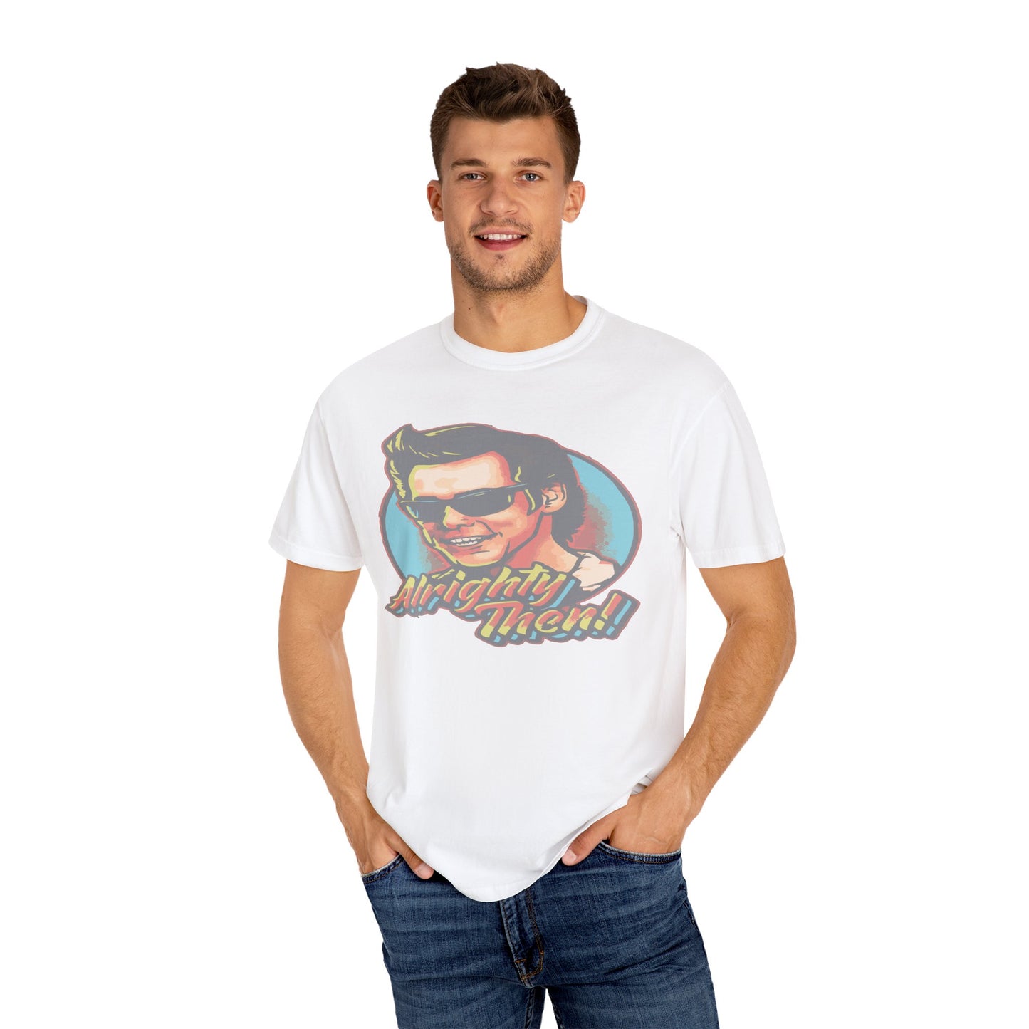 Retro Graphic T-Shirt, Unisex Garment-Dyed Tee, Vintage Style Shirt, Alright Men! Humor Top, Casual Apparel for All Occasions