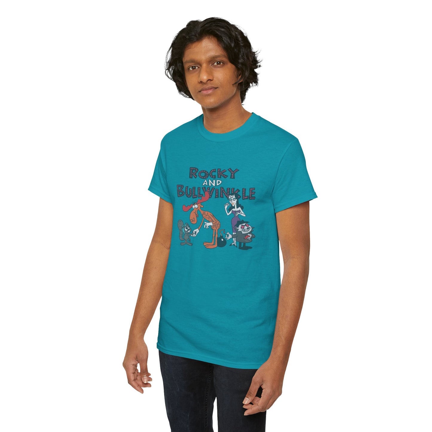 Rocky and Bullwinkle Unisex Heavy Cotton Tee, Retro Tee, Cartoon T-Shirt, Gift for Fans, Casual Wear, Unique Graphic Shirt