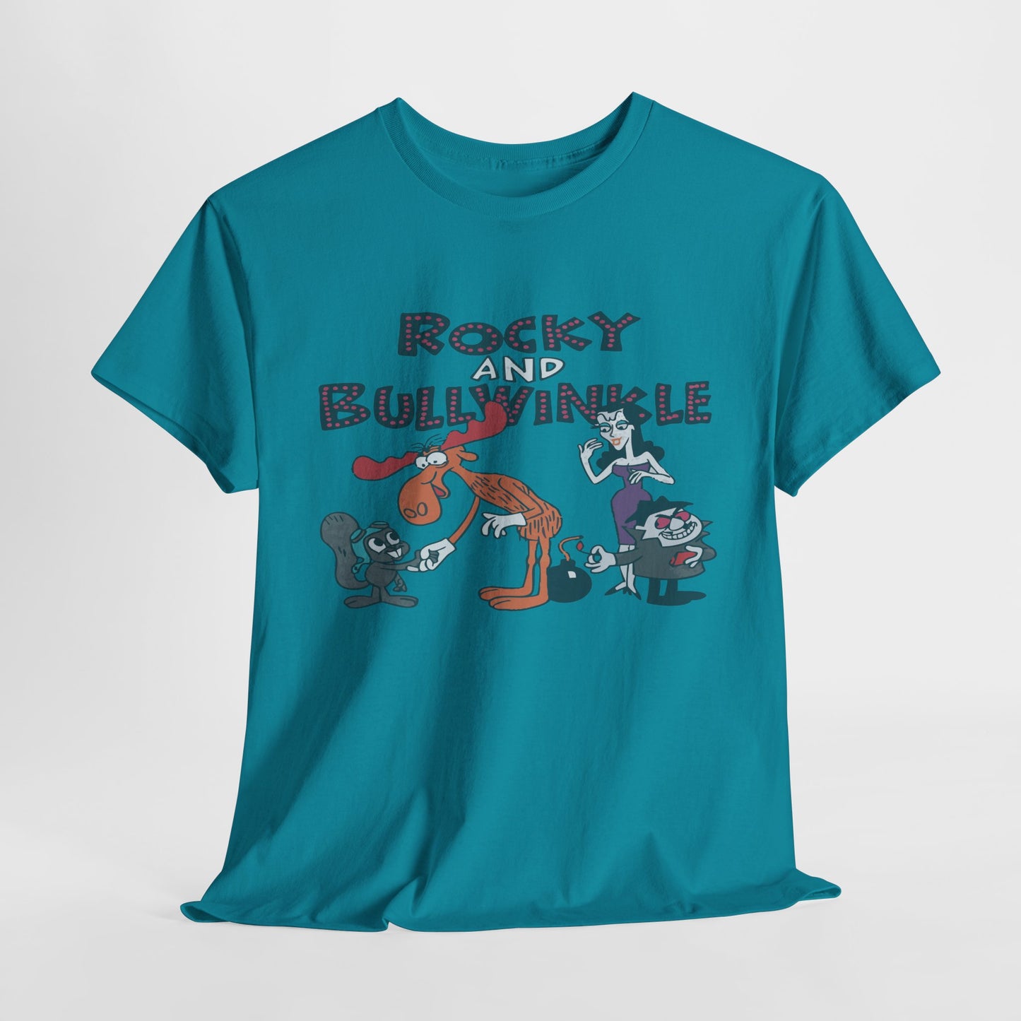 Rocky and Bullwinkle Unisex Heavy Cotton Tee, Retro Tee, Cartoon T-Shirt, Gift for Fans, Casual Wear, Unique Graphic Shirt