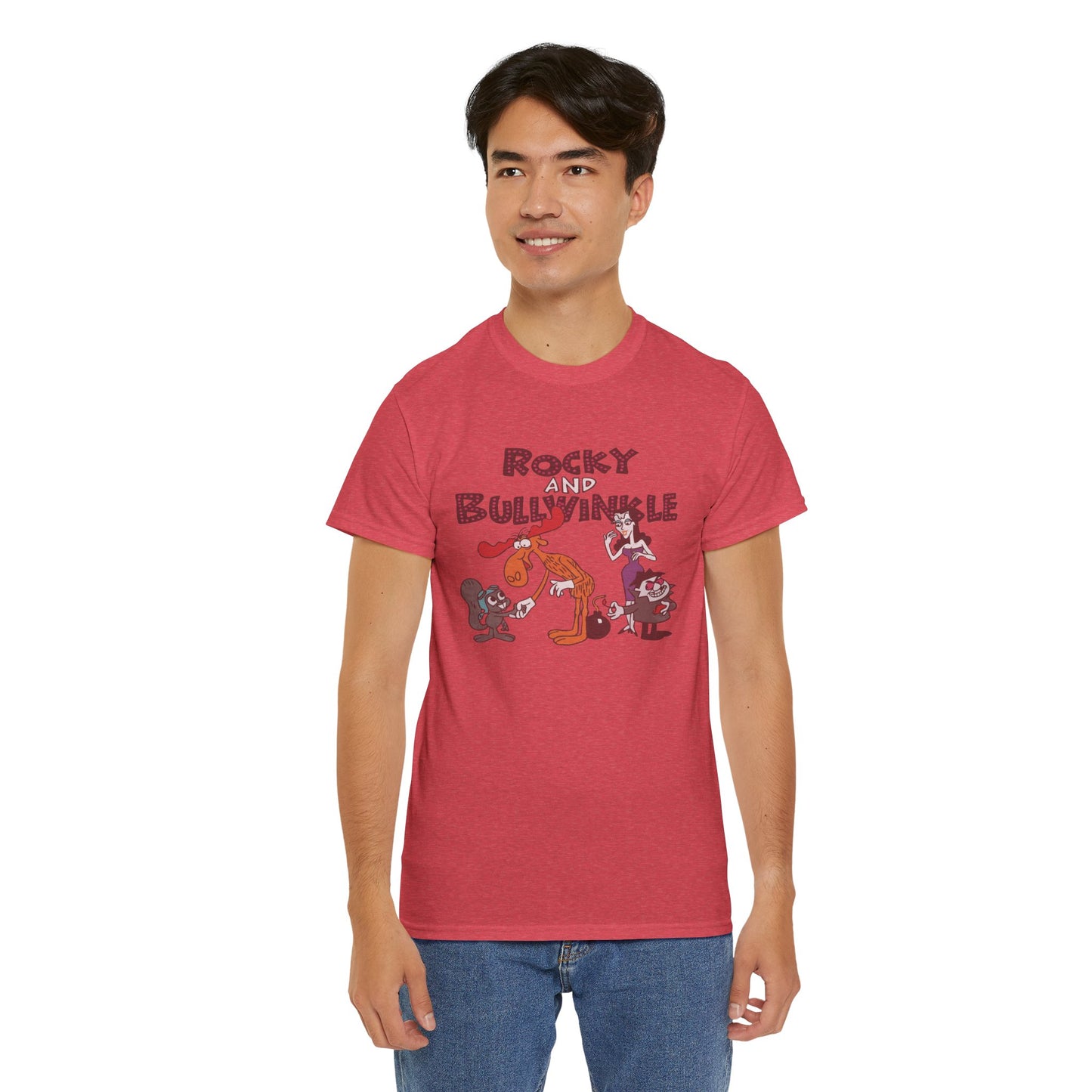 Rocky and Bullwinkle Unisex Heavy Cotton Tee, Retro Tee, Cartoon T-Shirt, Gift for Fans, Casual Wear, Unique Graphic Shirt