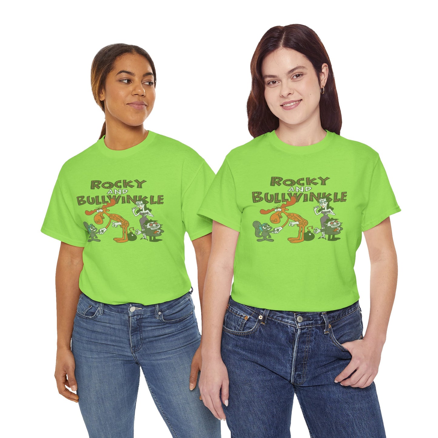 Rocky and Bullwinkle Unisex Heavy Cotton Tee, Retro Tee, Cartoon T-Shirt, Gift for Fans, Casual Wear, Unique Graphic Shirt