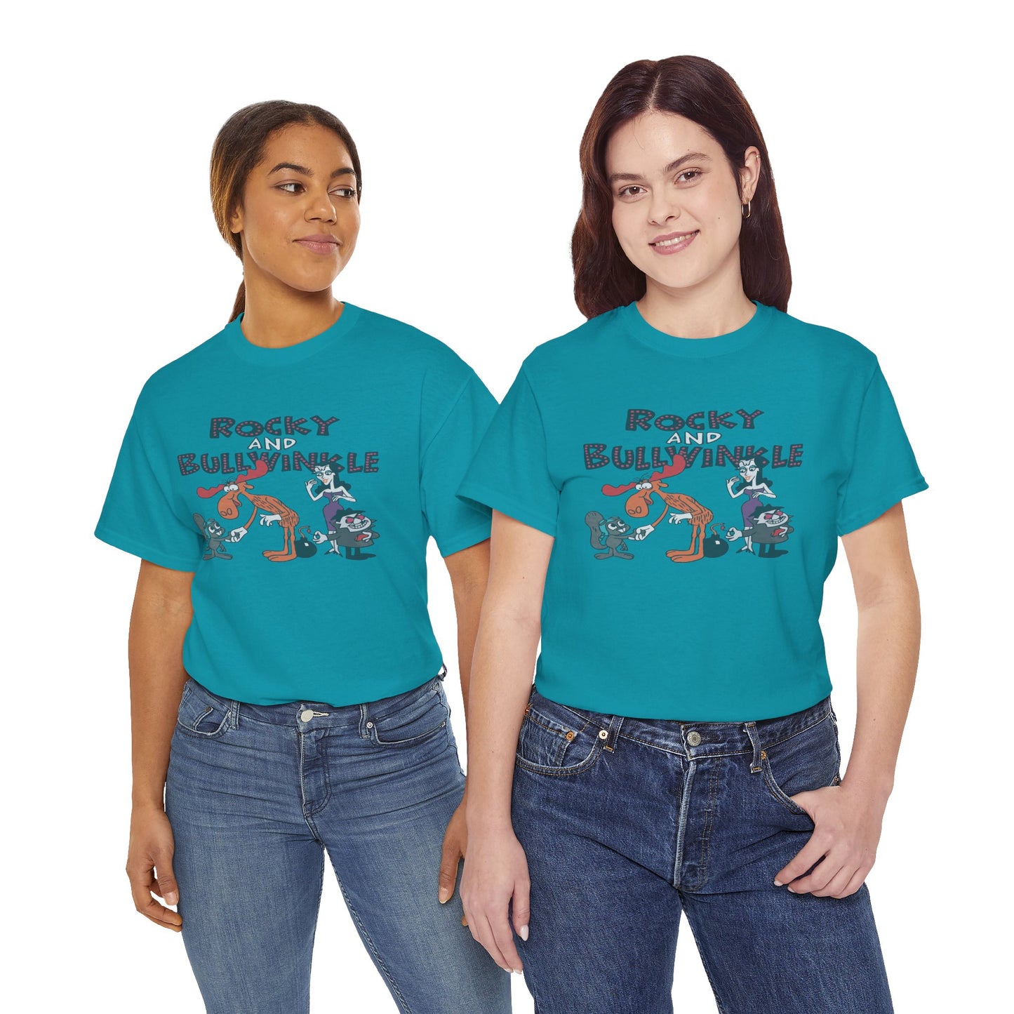 Rocky and Bullwinkle Unisex Heavy Cotton Tee, Retro Tee, Cartoon T-Shirt, Gift for Fans, Casual Wear, Unique Graphic Shirt