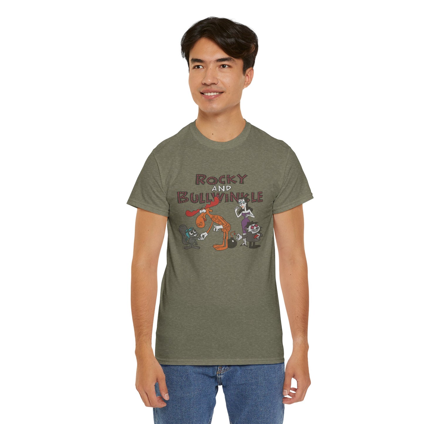 Rocky and Bullwinkle Unisex Heavy Cotton Tee, Retro Tee, Cartoon T-Shirt, Gift for Fans, Casual Wear, Unique Graphic Shirt
