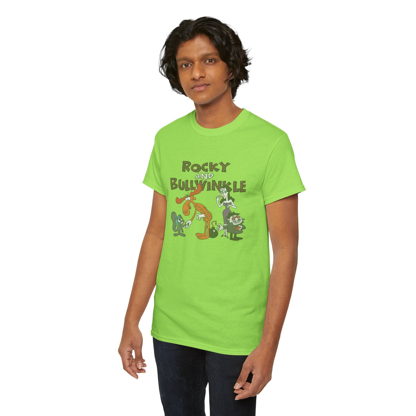 Rocky and Bullwinkle Unisex Heavy Cotton Tee, Retro Tee, Cartoon T-Shirt, Gift for Fans, Casual Wear, Unique Graphic Shirt