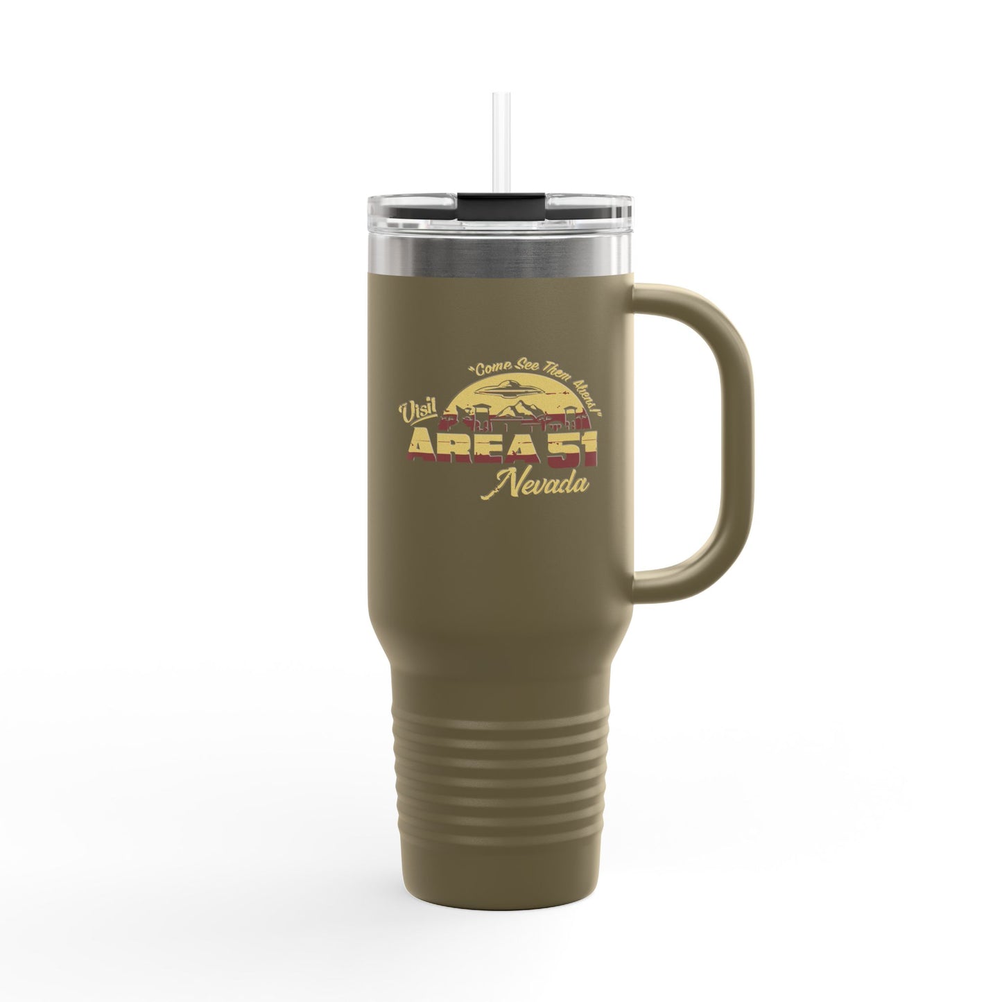 Alien Coffee Mug for Area 51 Fans, Travel Drinkware, 40oz Insulated Tumbler, Perfect for Road Trips, Gifts for UFO Lovers, Sci-Fi Inspired