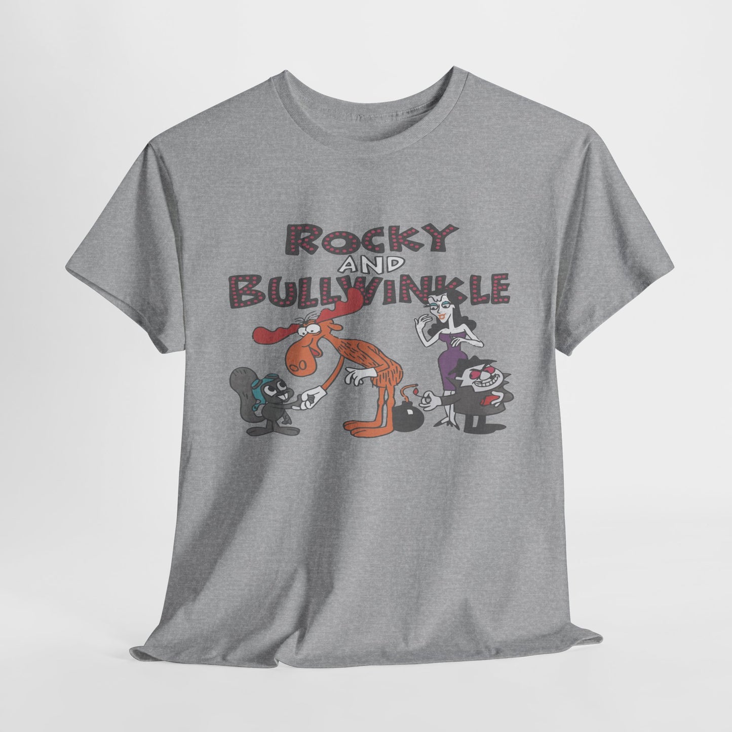Rocky and Bullwinkle Unisex Heavy Cotton Tee, Retro Tee, Cartoon T-Shirt, Gift for Fans, Casual Wear, Unique Graphic Shirt