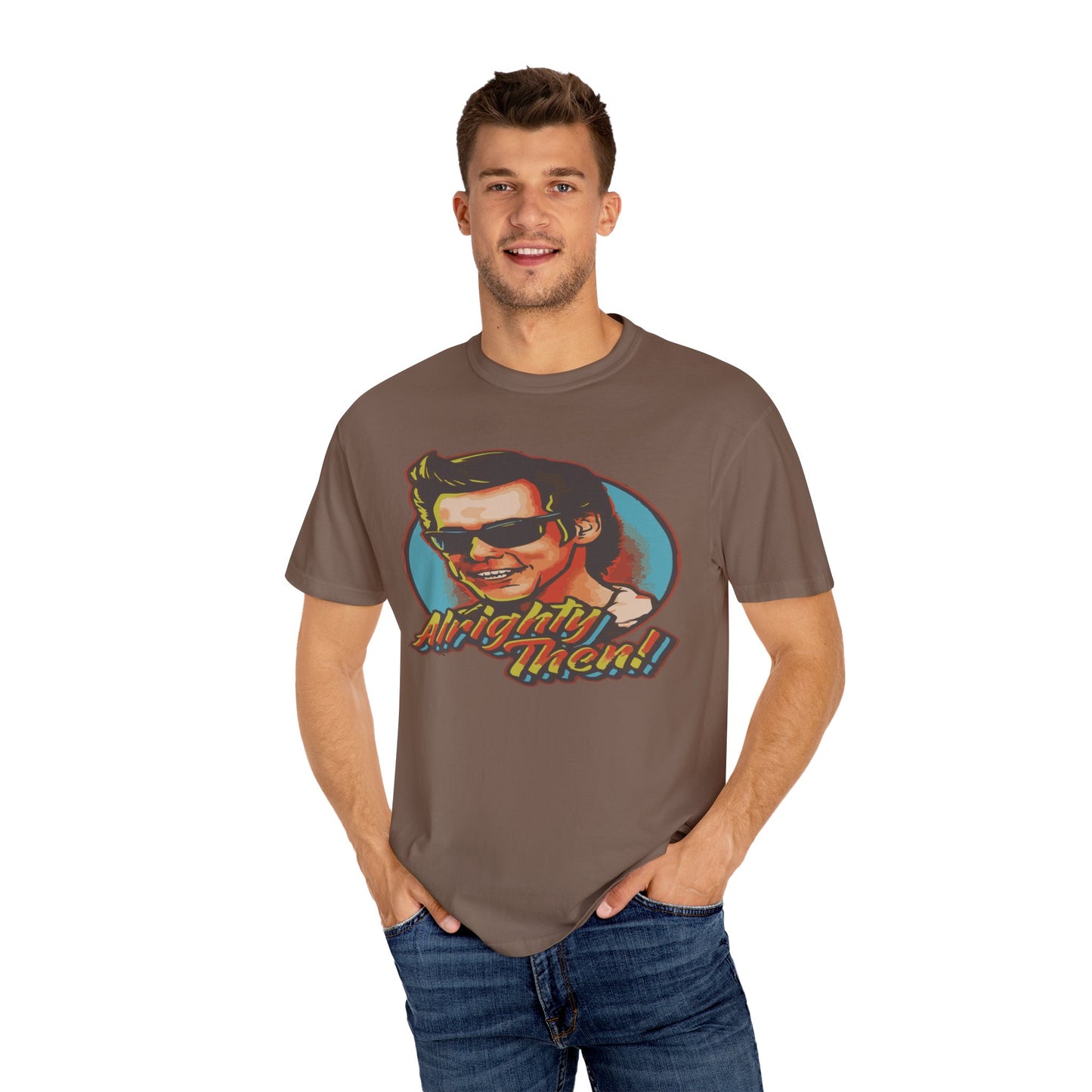 Retro Graphic T-Shirt, Unisex Garment-Dyed Tee, Vintage Style Shirt, Alright Men! Humor Top, Casual Apparel for All Occasions
