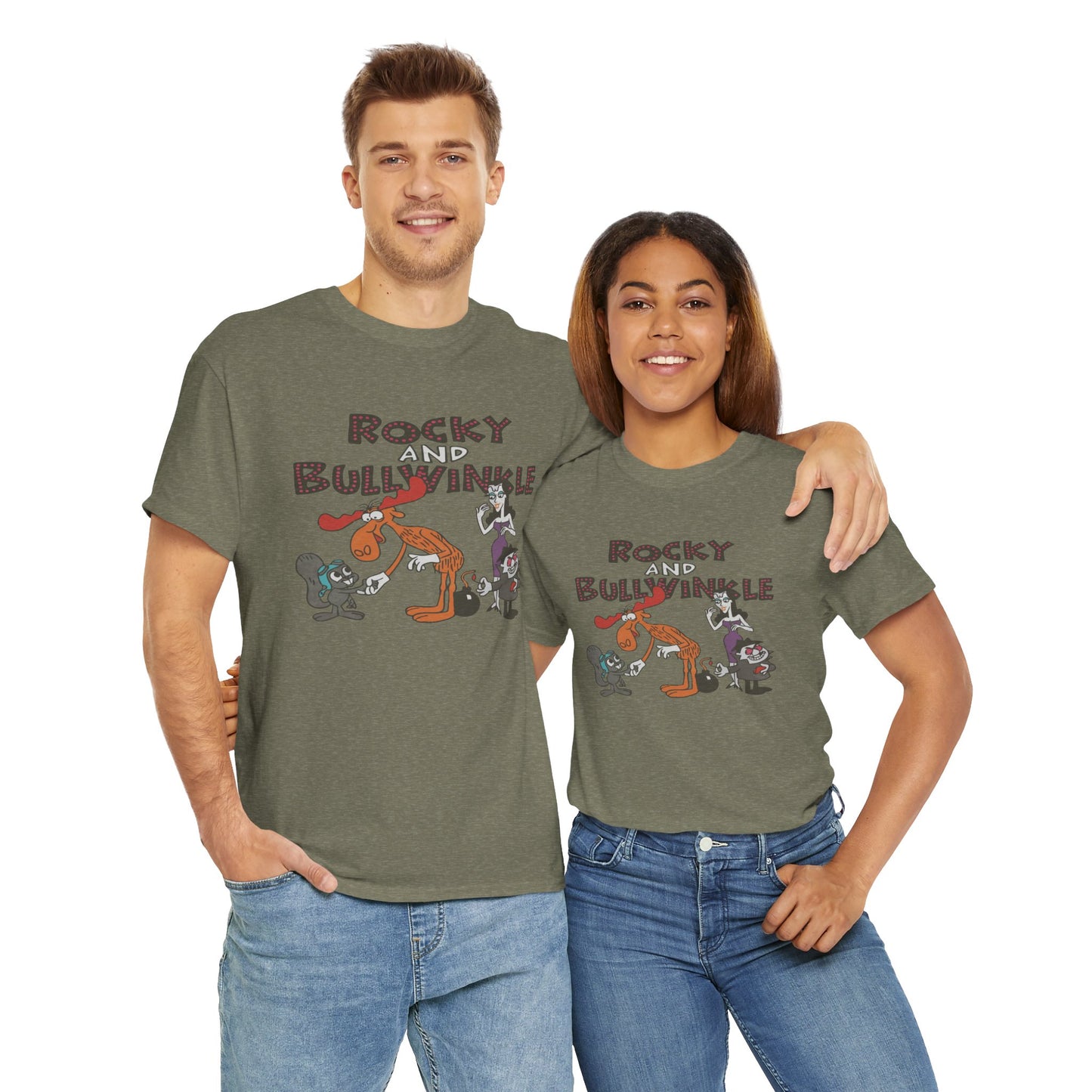 Rocky and Bullwinkle Unisex Heavy Cotton Tee, Retro Tee, Cartoon T-Shirt, Gift for Fans, Casual Wear, Unique Graphic Shirt