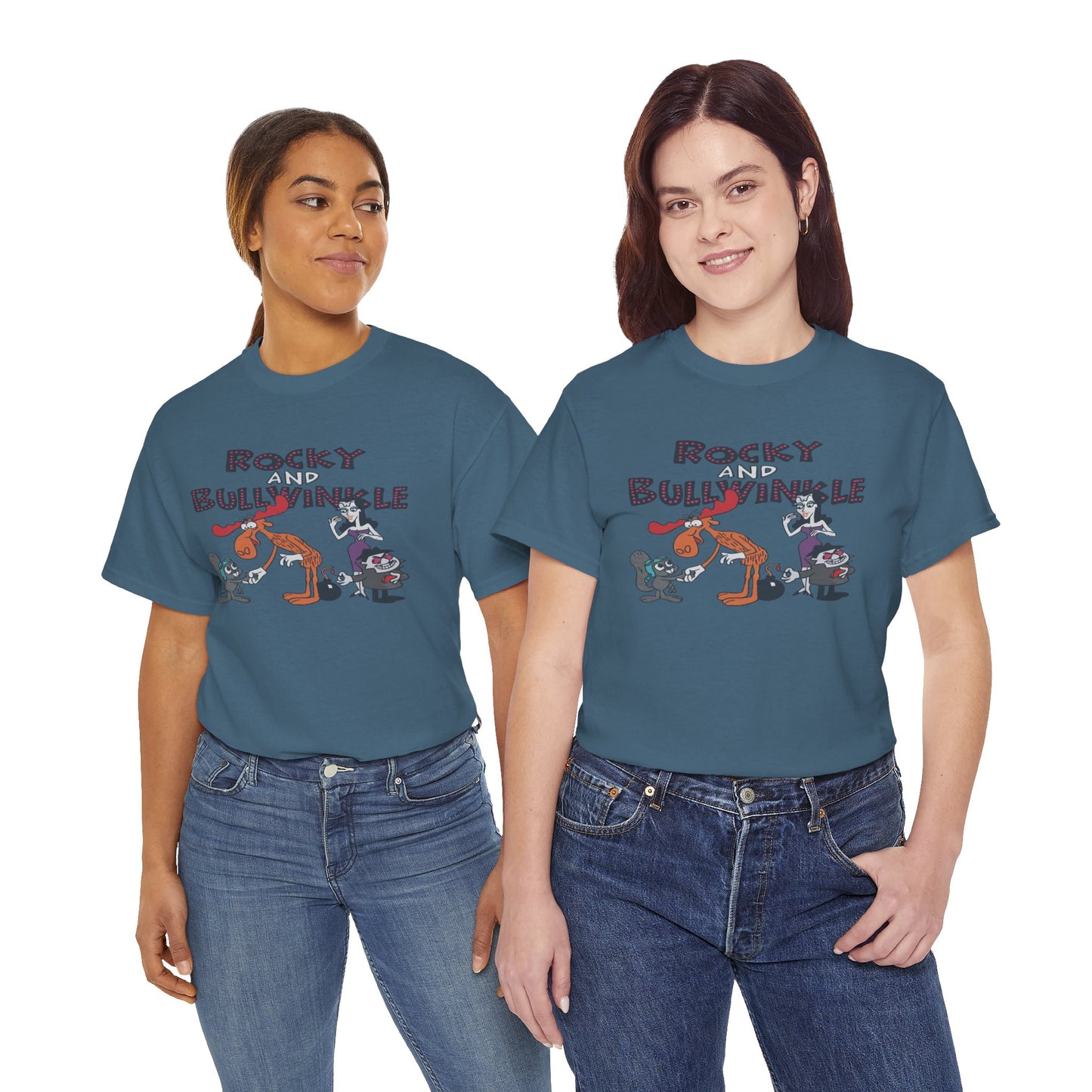 Rocky and Bullwinkle Unisex Heavy Cotton Tee, Retro Tee, Cartoon T-Shirt, Gift for Fans, Casual Wear, Unique Graphic Shirt