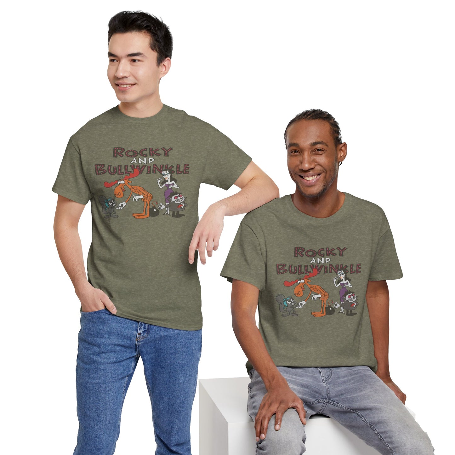 Rocky and Bullwinkle Unisex Heavy Cotton Tee, Retro Tee, Cartoon T-Shirt, Gift for Fans, Casual Wear, Unique Graphic Shirt