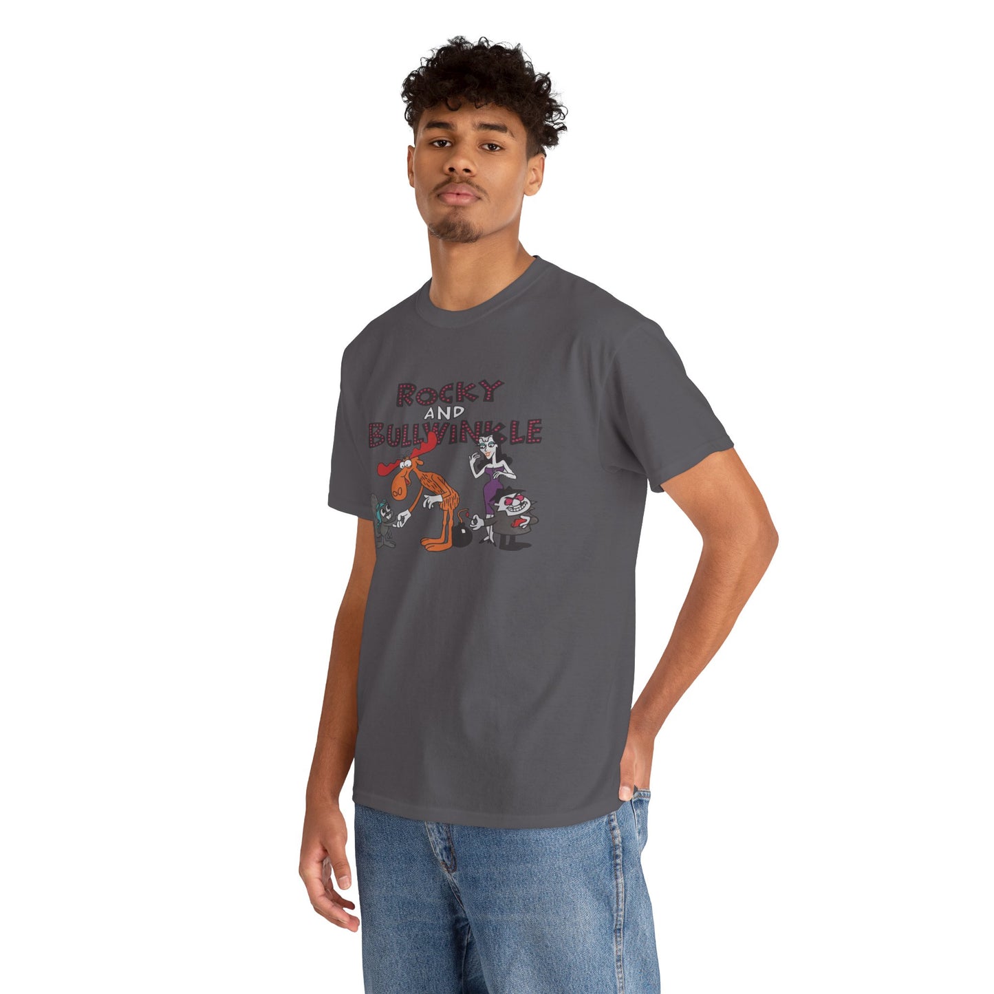 Rocky and Bullwinkle Unisex Heavy Cotton Tee, Retro Tee, Cartoon T-Shirt, Gift for Fans, Casual Wear, Unique Graphic Shirt