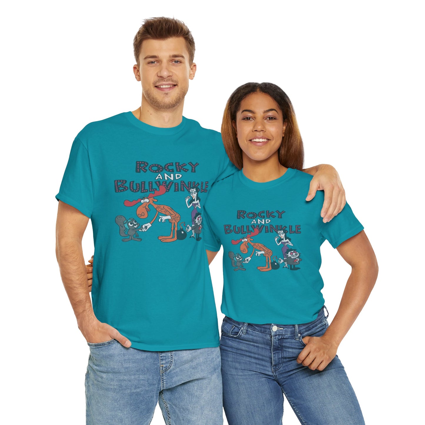 Rocky and Bullwinkle Unisex Heavy Cotton Tee, Retro Tee, Cartoon T-Shirt, Gift for Fans, Casual Wear, Unique Graphic Shirt