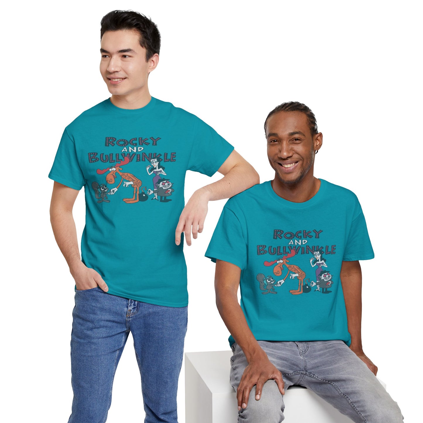 Rocky and Bullwinkle Unisex Heavy Cotton Tee, Retro Tee, Cartoon T-Shirt, Gift for Fans, Casual Wear, Unique Graphic Shirt