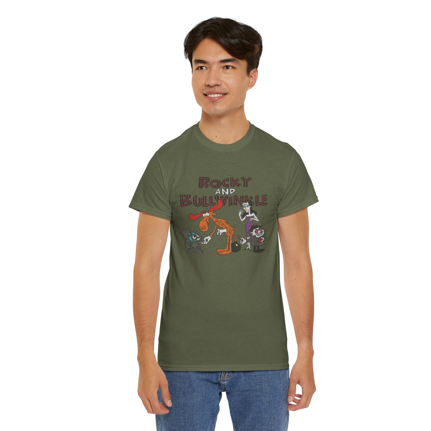 Rocky and Bullwinkle Unisex Heavy Cotton Tee, Retro Tee, Cartoon T-Shirt, Gift for Fans, Casual Wear, Unique Graphic Shirt