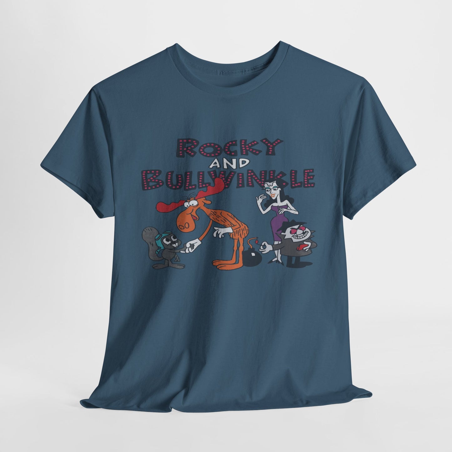 Rocky and Bullwinkle Unisex Heavy Cotton Tee, Retro Tee, Cartoon T-Shirt, Gift for Fans, Casual Wear, Unique Graphic Shirt