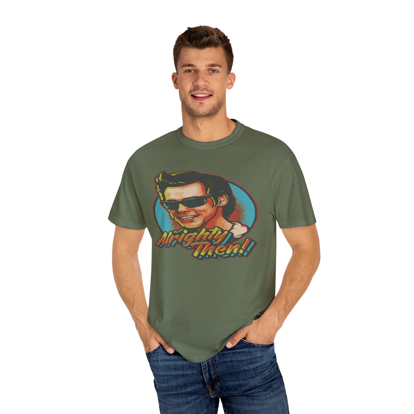 Retro Graphic T-Shirt, Unisex Garment-Dyed Tee, Vintage Style Shirt, Alright Men! Humor Top, Casual Apparel for All Occasions