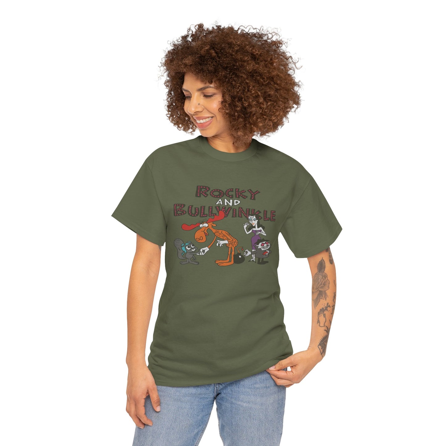 Rocky and Bullwinkle Unisex Heavy Cotton Tee, Retro Tee, Cartoon T-Shirt, Gift for Fans, Casual Wear, Unique Graphic Shirt