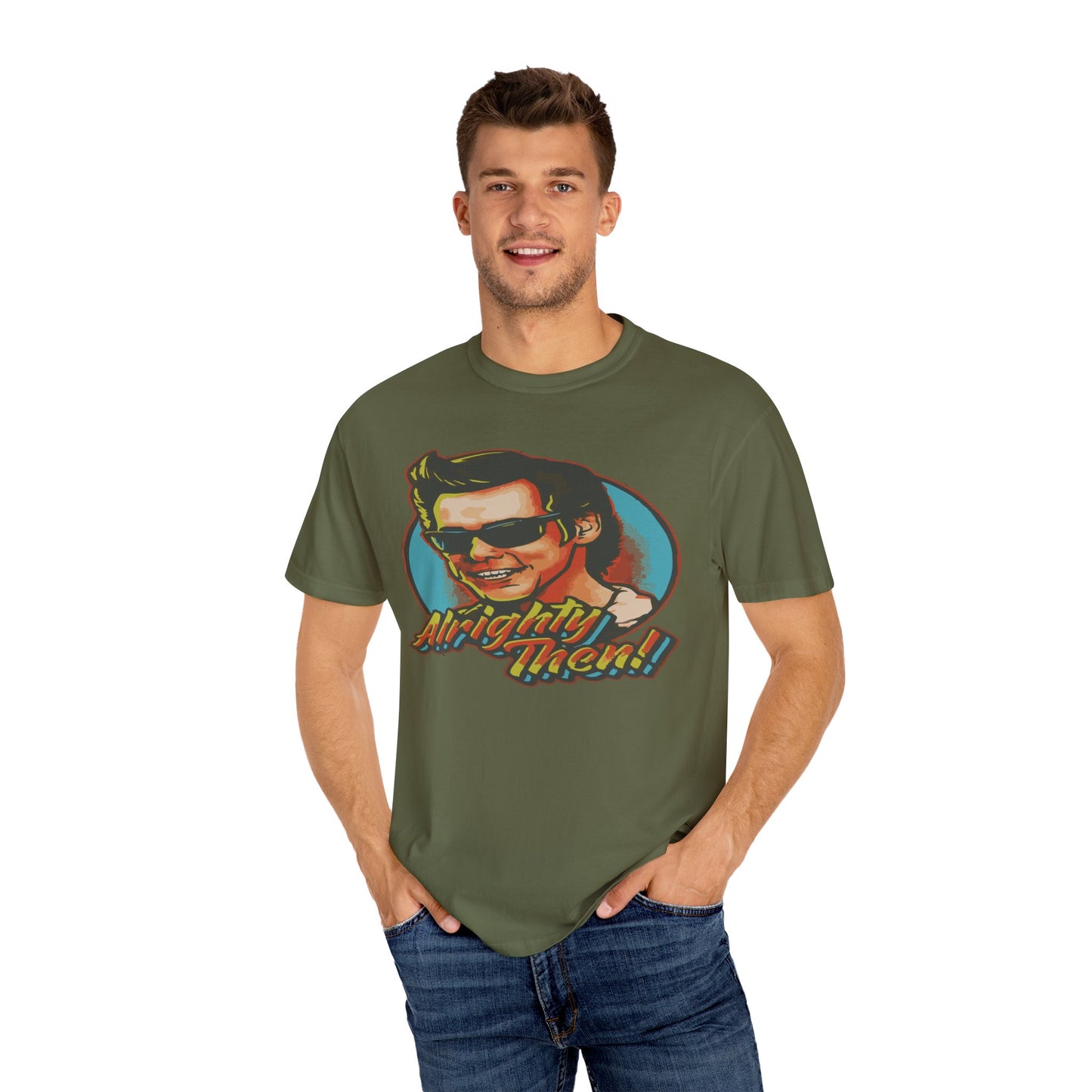 Retro Graphic T-Shirt, Unisex Garment-Dyed Tee, Vintage Style Shirt, Alright Men! Humor Top, Casual Apparel for All Occasions