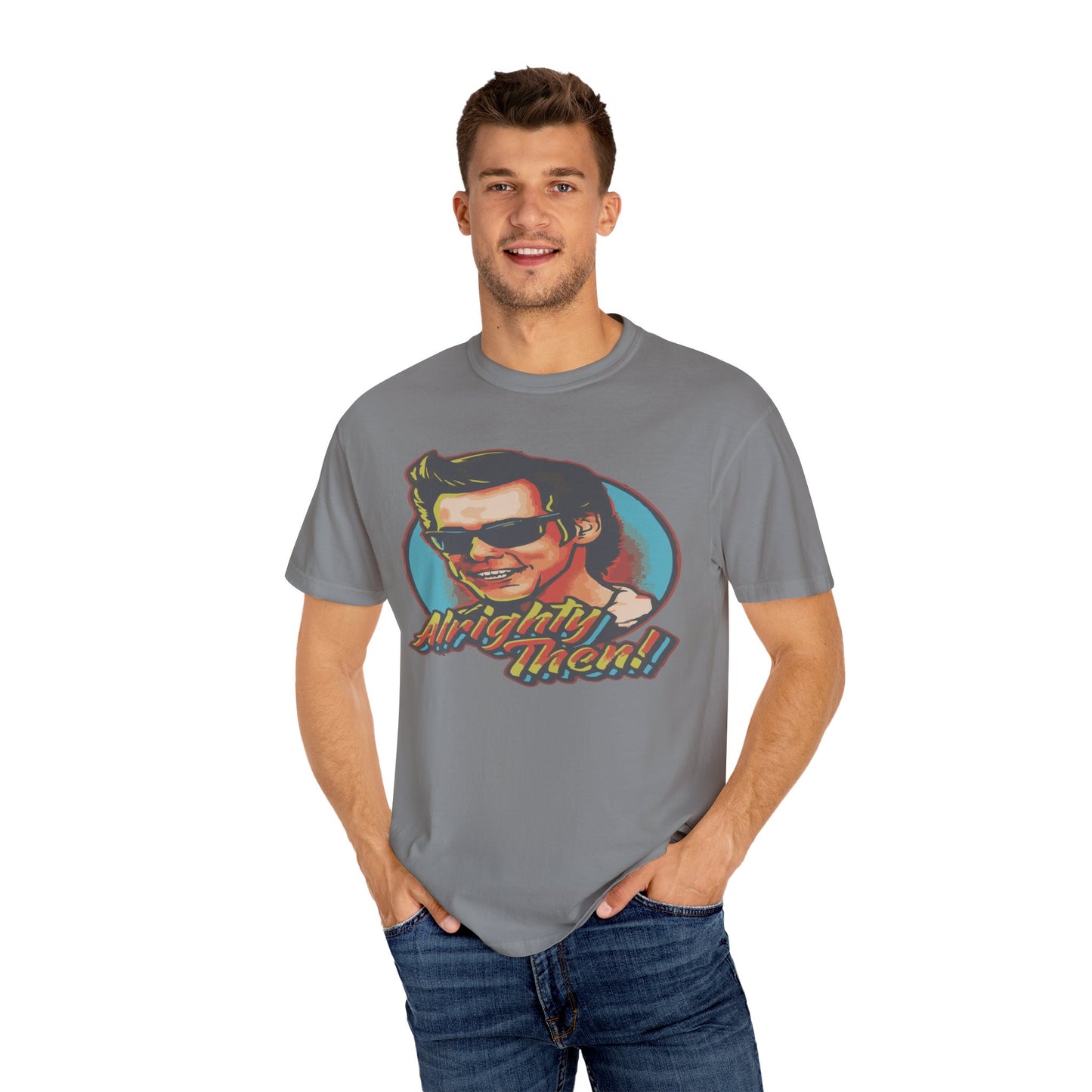 Retro Graphic T-Shirt, Unisex Garment-Dyed Tee, Vintage Style Shirt, Alright Men! Humor Top, Casual Apparel for All Occasions