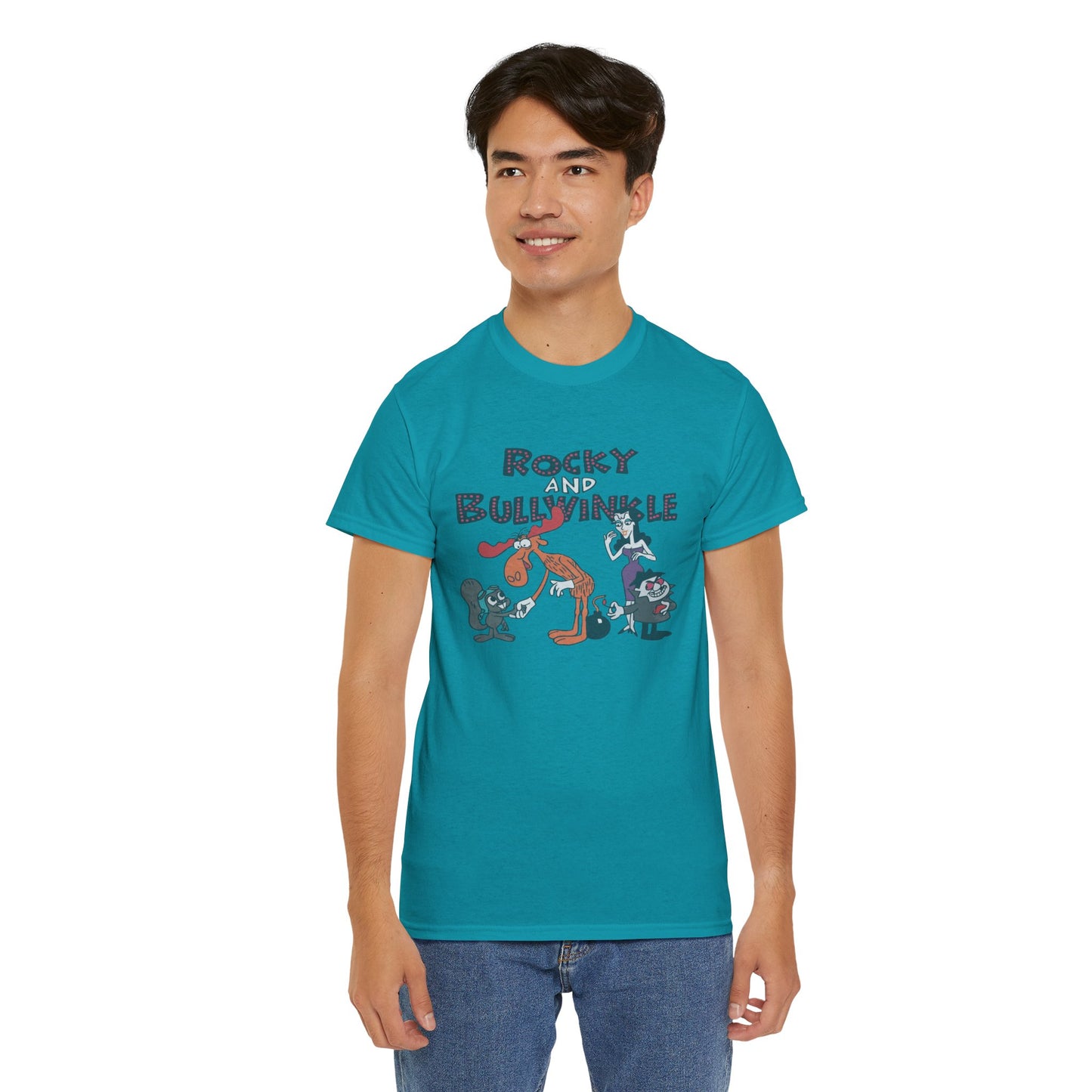 Rocky and Bullwinkle Unisex Heavy Cotton Tee, Retro Tee, Cartoon T-Shirt, Gift for Fans, Casual Wear, Unique Graphic Shirt