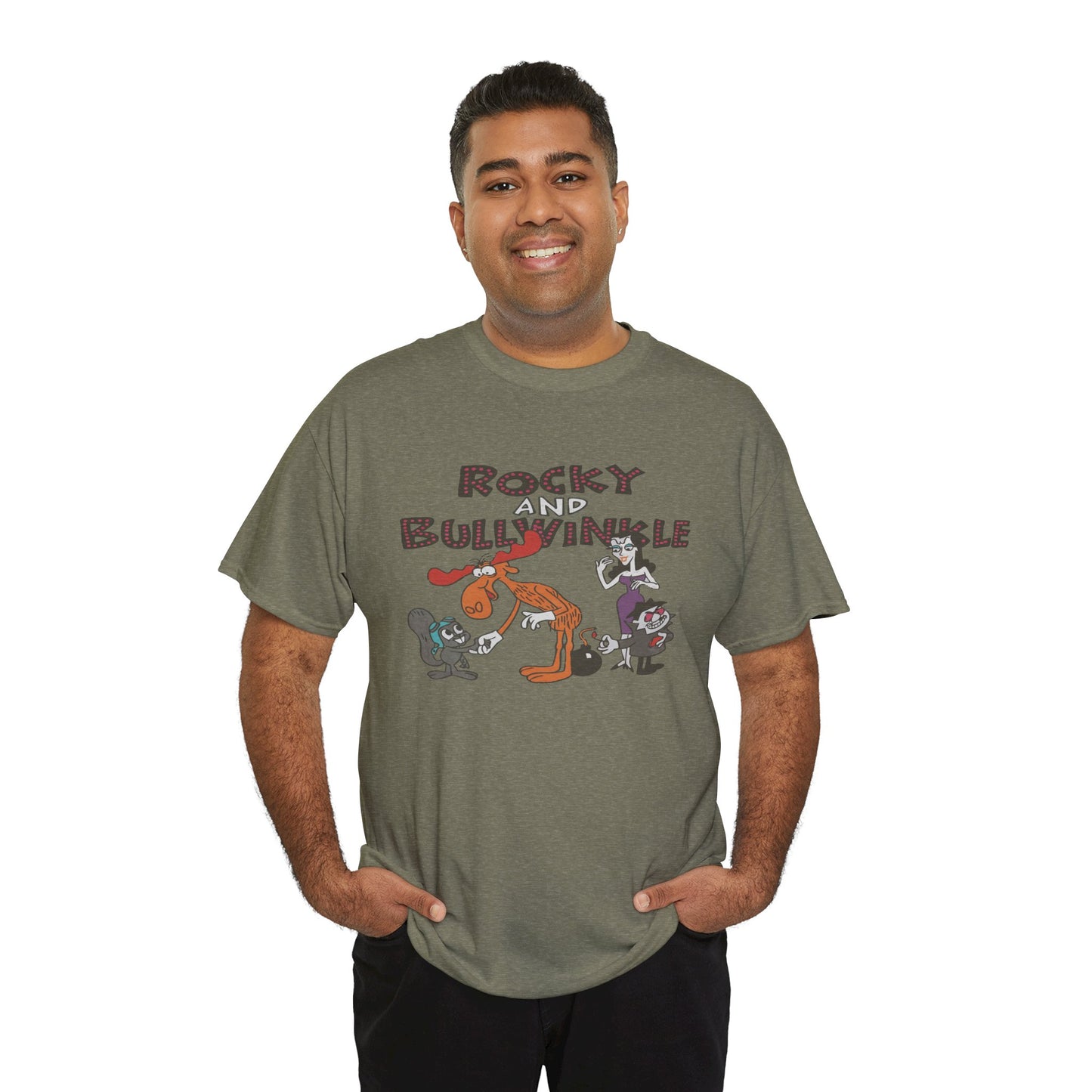 Rocky and Bullwinkle Unisex Heavy Cotton Tee, Retro Tee, Cartoon T-Shirt, Gift for Fans, Casual Wear, Unique Graphic Shirt