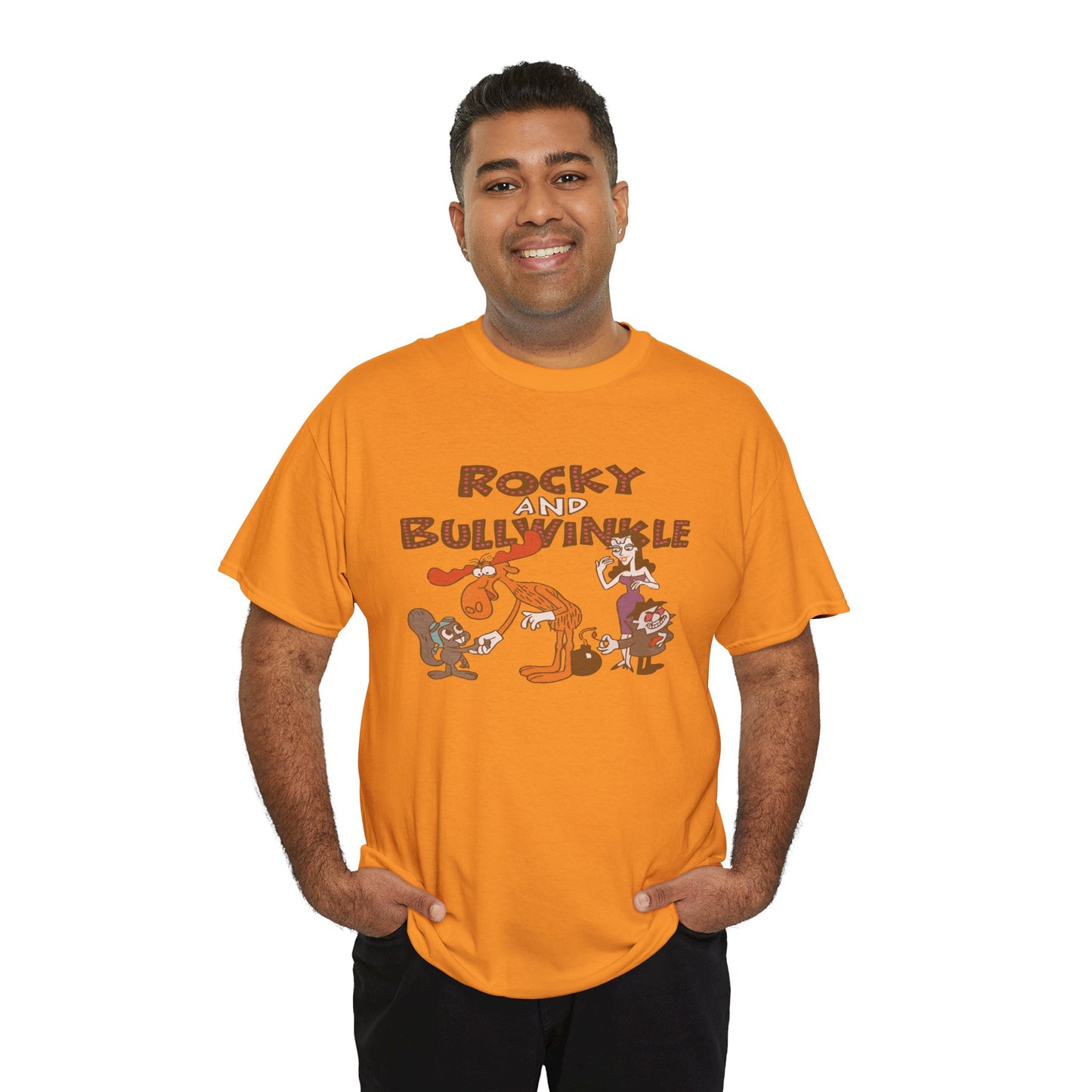 Rocky and Bullwinkle Unisex Heavy Cotton Tee, Retro Tee, Cartoon T-Shirt, Gift for Fans, Casual Wear, Unique Graphic Shirt