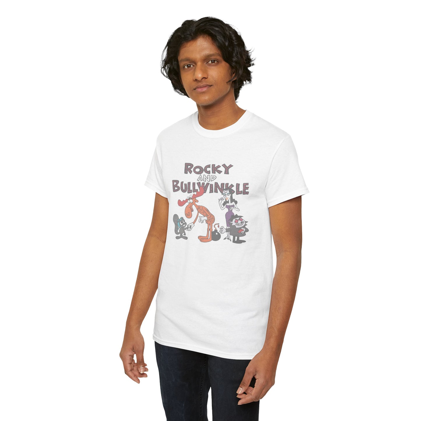 Rocky and Bullwinkle Unisex Heavy Cotton Tee, Retro Tee, Cartoon T-Shirt, Gift for Fans, Casual Wear, Unique Graphic Shirt