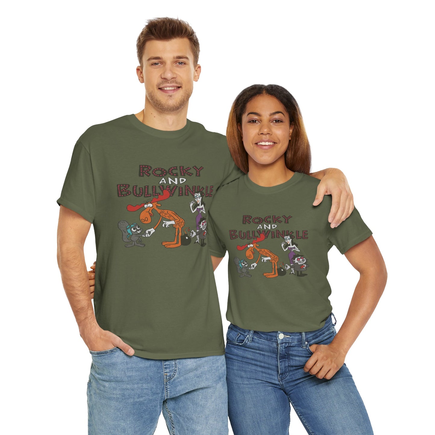 Rocky and Bullwinkle Unisex Heavy Cotton Tee, Retro Tee, Cartoon T-Shirt, Gift for Fans, Casual Wear, Unique Graphic Shirt