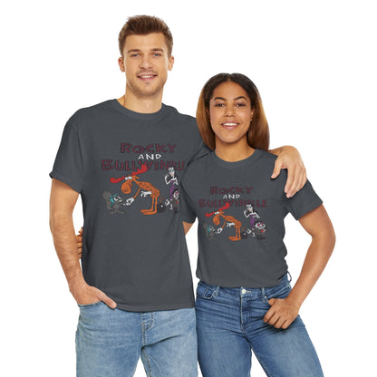 Rocky and Bullwinkle Unisex Heavy Cotton Tee, Retro Tee, Cartoon T-Shirt, Gift for Fans, Casual Wear, Unique Graphic Shirt