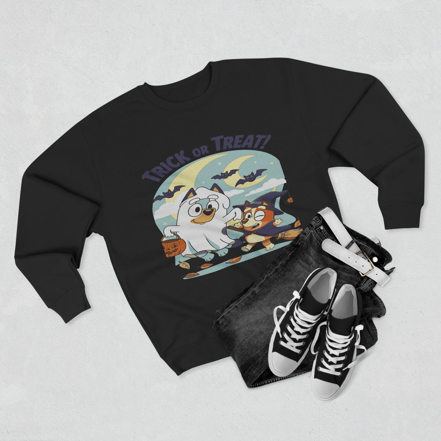 Halloween Sweatshirt, Cozy Unisex Crewneck, Trick or Treat Design, Fall Apparel, Halloween Costume, Perfect for October Celebrations