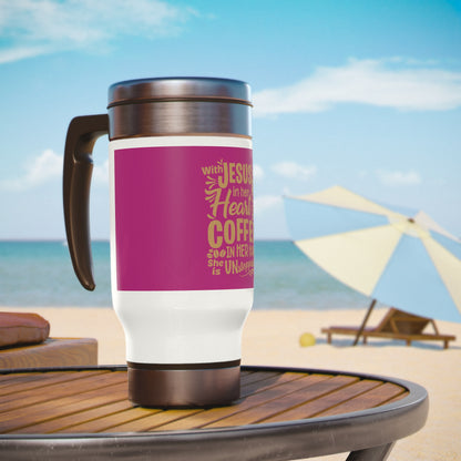 Her Heart Loves but likes Coffee Stainless Steel Travel Mug with Handle, 14oz