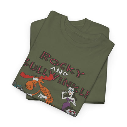 Rocky and Bullwinkle Unisex Heavy Cotton Tee, Retro Tee, Cartoon T-Shirt, Gift for Fans, Casual Wear, Unique Graphic Shirt