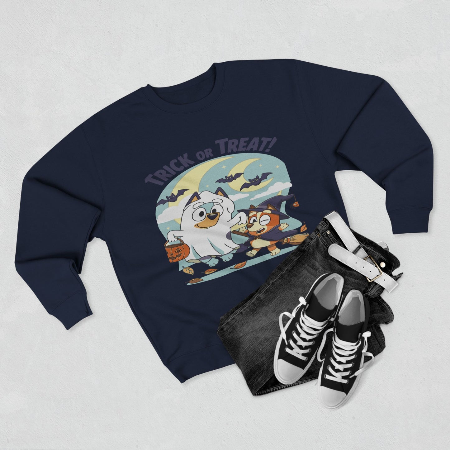 Halloween Sweatshirt, Cozy Unisex Crewneck, Trick or Treat Design, Fall Apparel, Halloween Costume, Perfect for October Celebrations