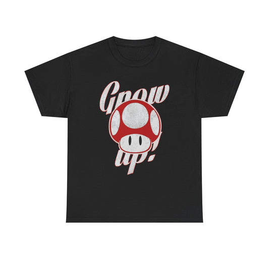 Vintage Inspired Unisex Heavy Cotton Tee - Grow Up Mushroom Graphic, Gamer Tee, Retro Shirt, Casual Wear, Gift for Gamers