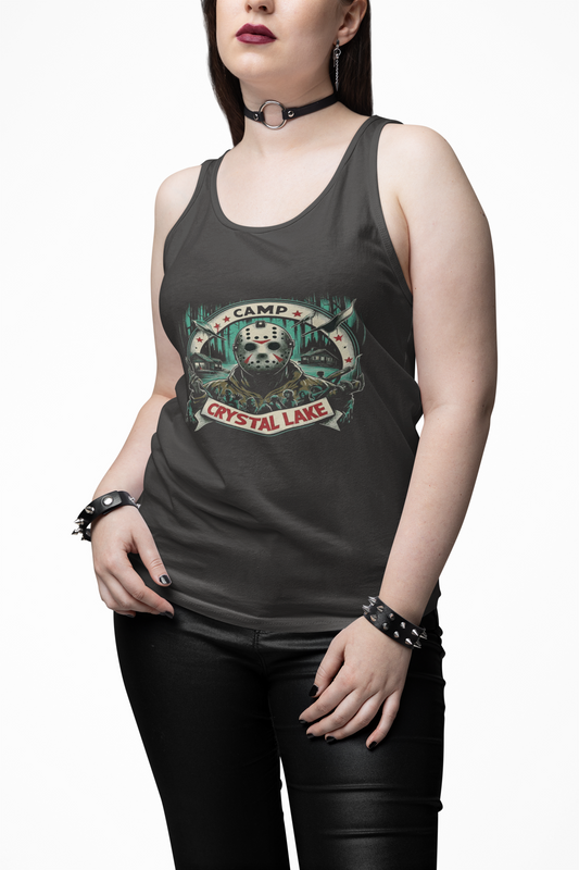 Camp Crystal Lake Unisex Jersey Tank Top, Horror fan gift, Summer casual wear, Outdoor graphic tank, Movie-themed apparel