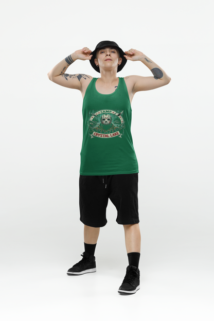 Camp Crystal Lake Unisex Jersey Tank Top, Horror fan gift, Summer casual wear, Outdoor graphic tank, Movie-themed apparel