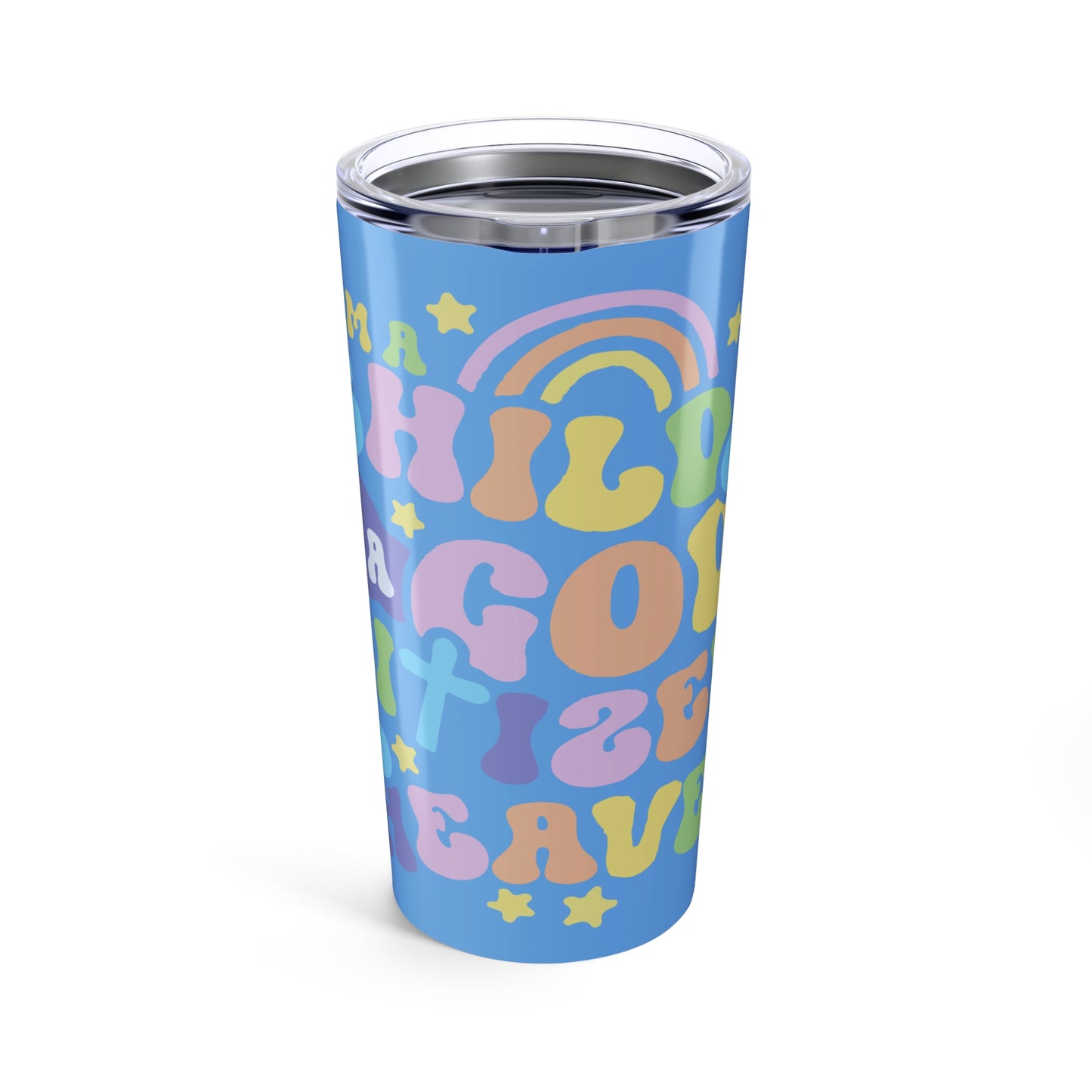Copy of Retro Child Of God Phrase Tumbler 20oz | Pastel Groovy Text, Blue Stars